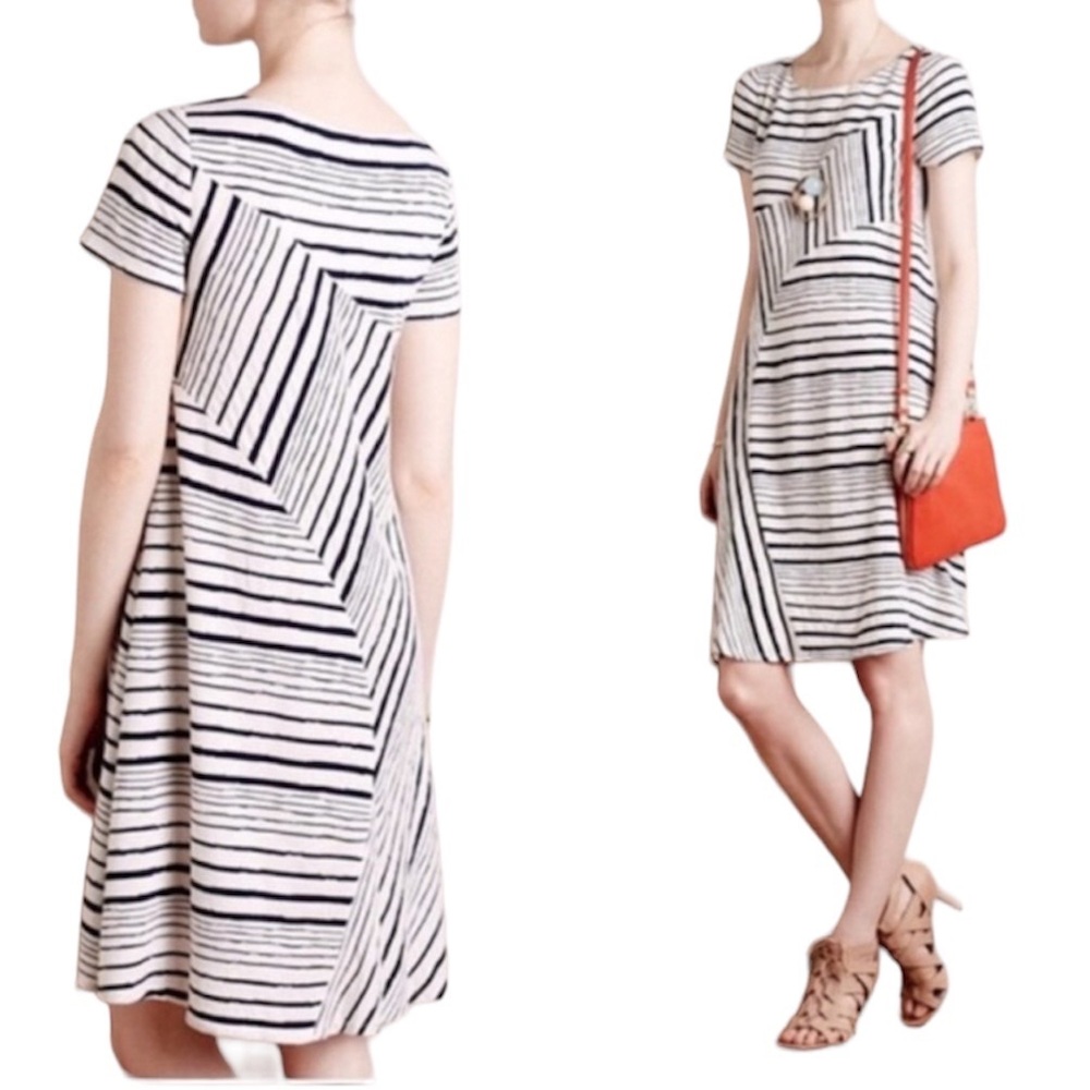 Anthropologie Maeve Spring Summer Navy White Striped Short Sleeve Dress S